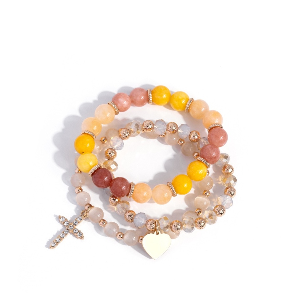 Elegant Multi-Color Beaded Bracelet Set with Cross & Heart Charms